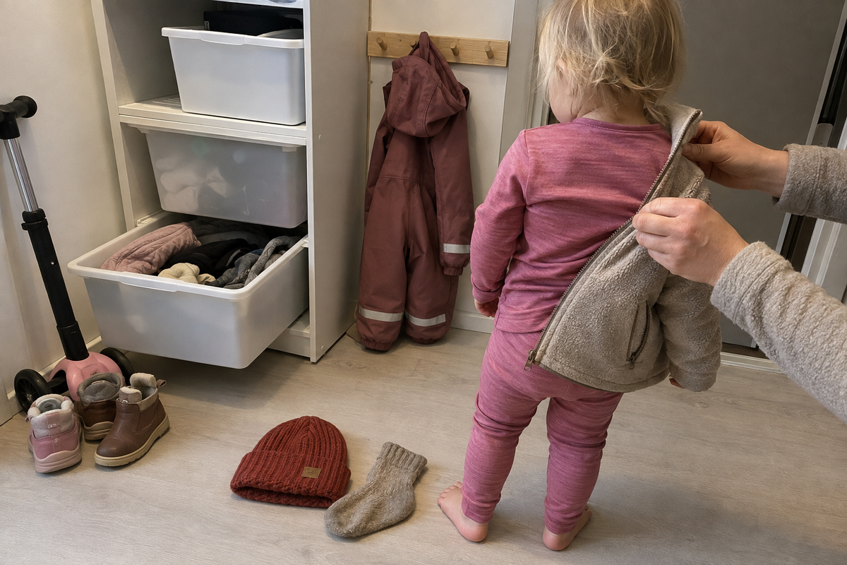 Barn i rosa ullundertøy får på seg fleecejakke i gangen – lag på lag med regndress, lue og ullsokk klare