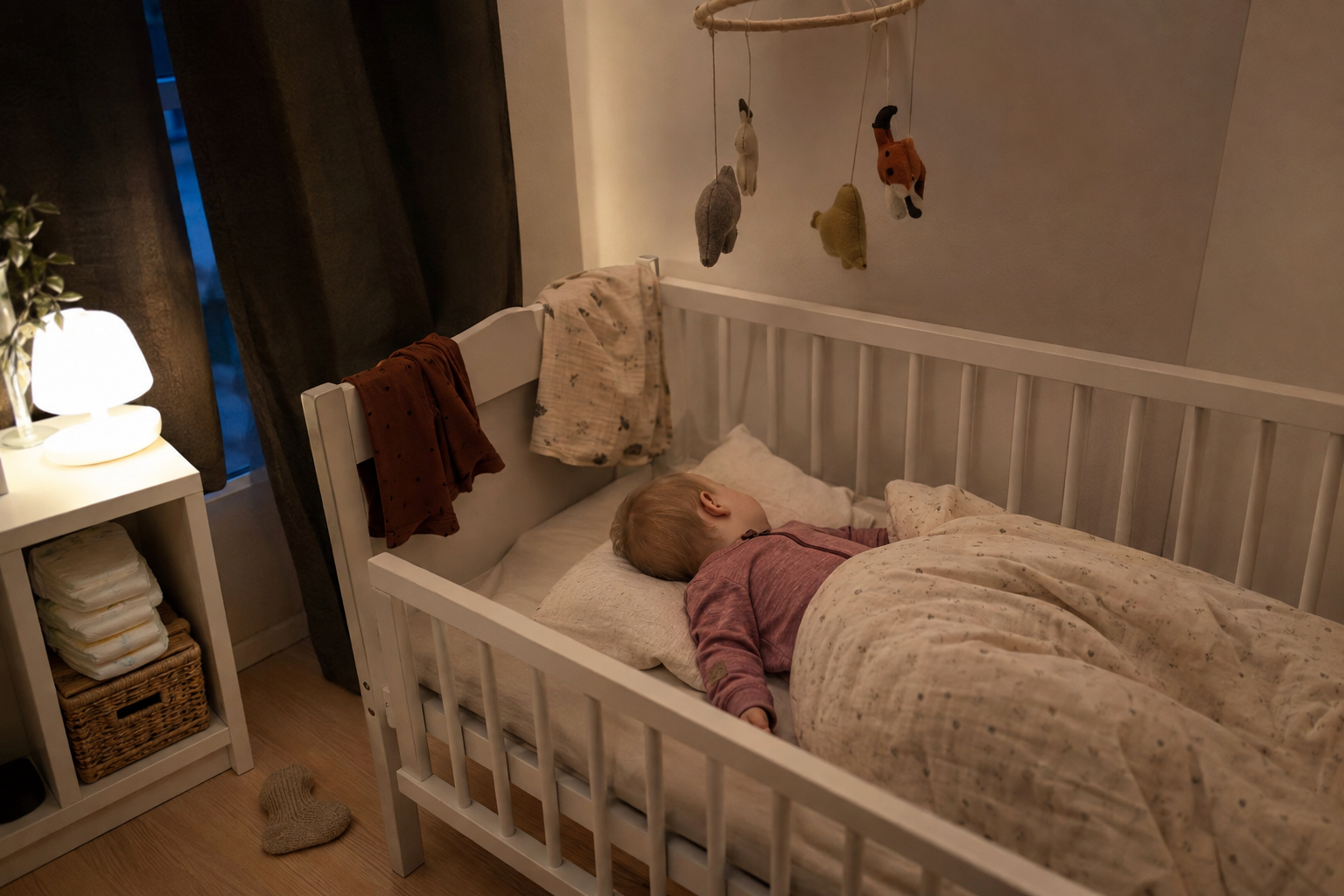 Baby sover på ryggen i sprinkelseng i pysjamas i ull/bambus under en lett barnedyne, med nattlampe og uro på barnerommet