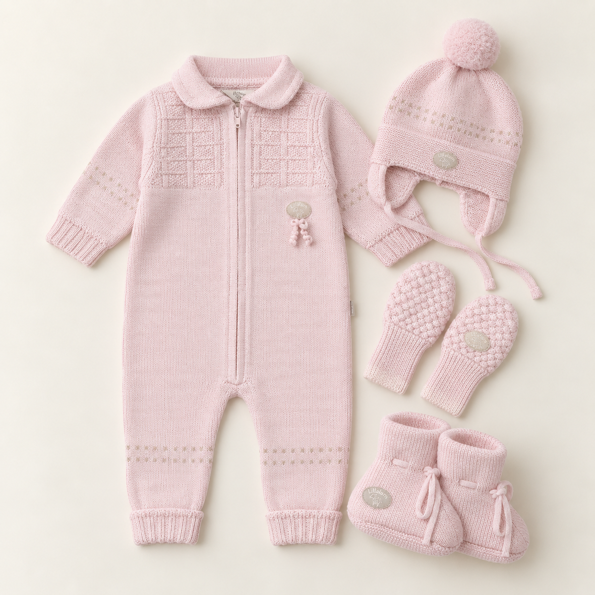 Lillelam Babypakke i merinoull «Classic» Himmelrosa – sparkedress, lue, votter og babytøfler