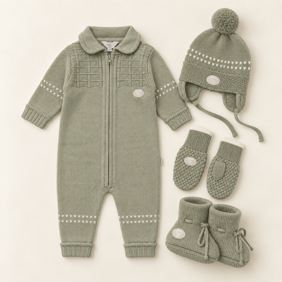 Lillelam Babypakke i merinoull «Classic» Rosmarin – sparkedress, lue, votter og babytøfler