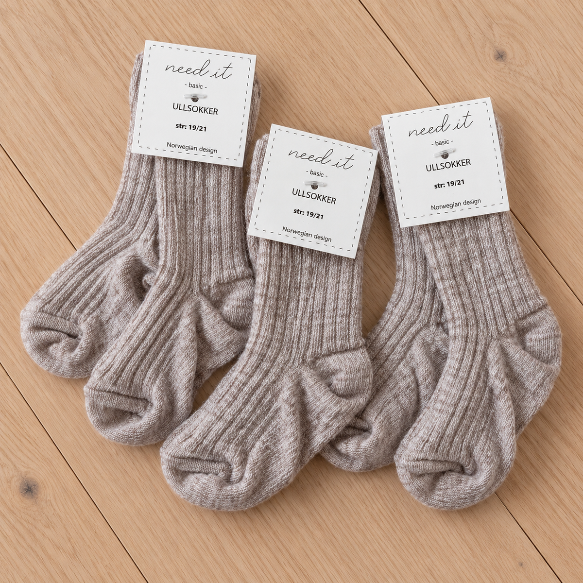Need it 3pk ullsokker til baby i merinoull Sand