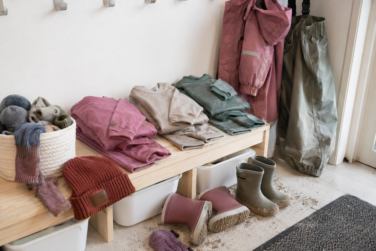 Tre sett ullundertøy til barn i rosa, sand og grønn ligger brettet på benken i barnehagegarderoben, med ullsokker, lue, regntøy og gummistøvler