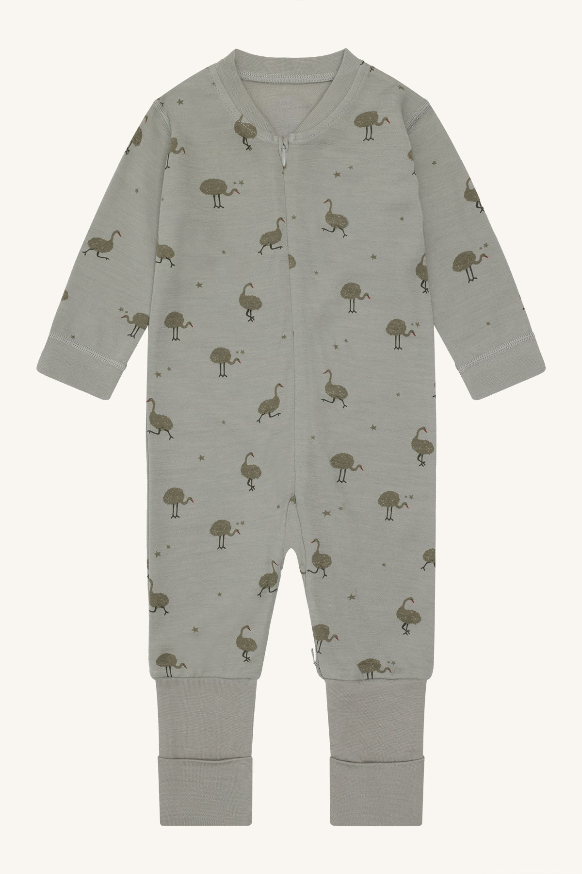 Hust and Claire - Ullpysjamas m. bambus innerst Manu Zip Ostrich Forest Fog