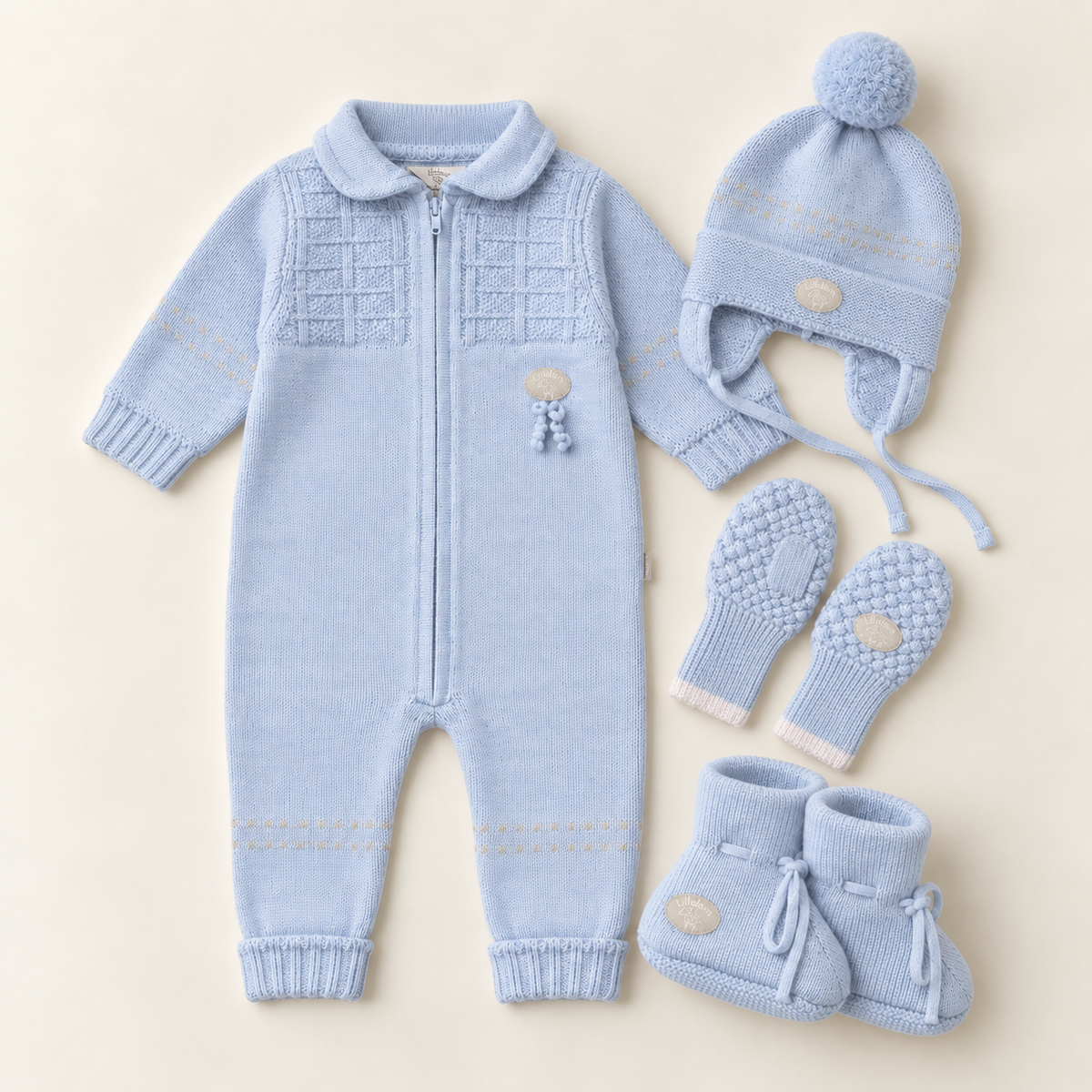 Lillelam Babypakke i merinoull «Classic» Himmelblå – sparkedress, lue, votter og babytøfler