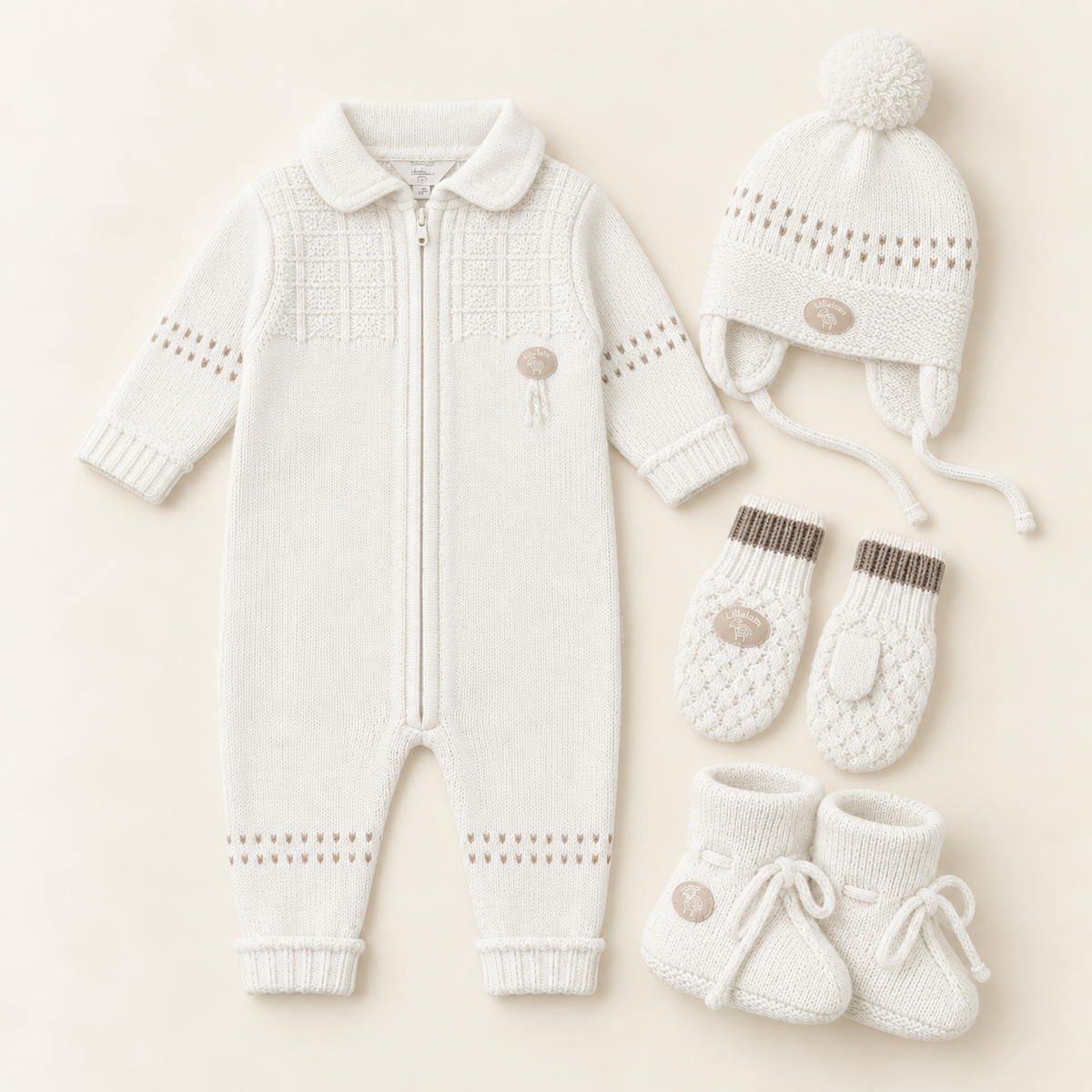 Lillelam Babypakke i merinoull «Classic» Hvit – sparkedress, lue, votter og babytøfler