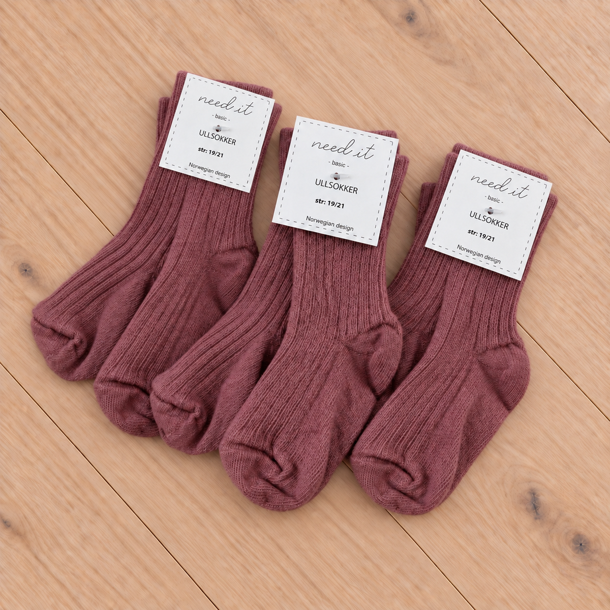 Need it 3pk ullsokker til baby i merinoull Fin rosa