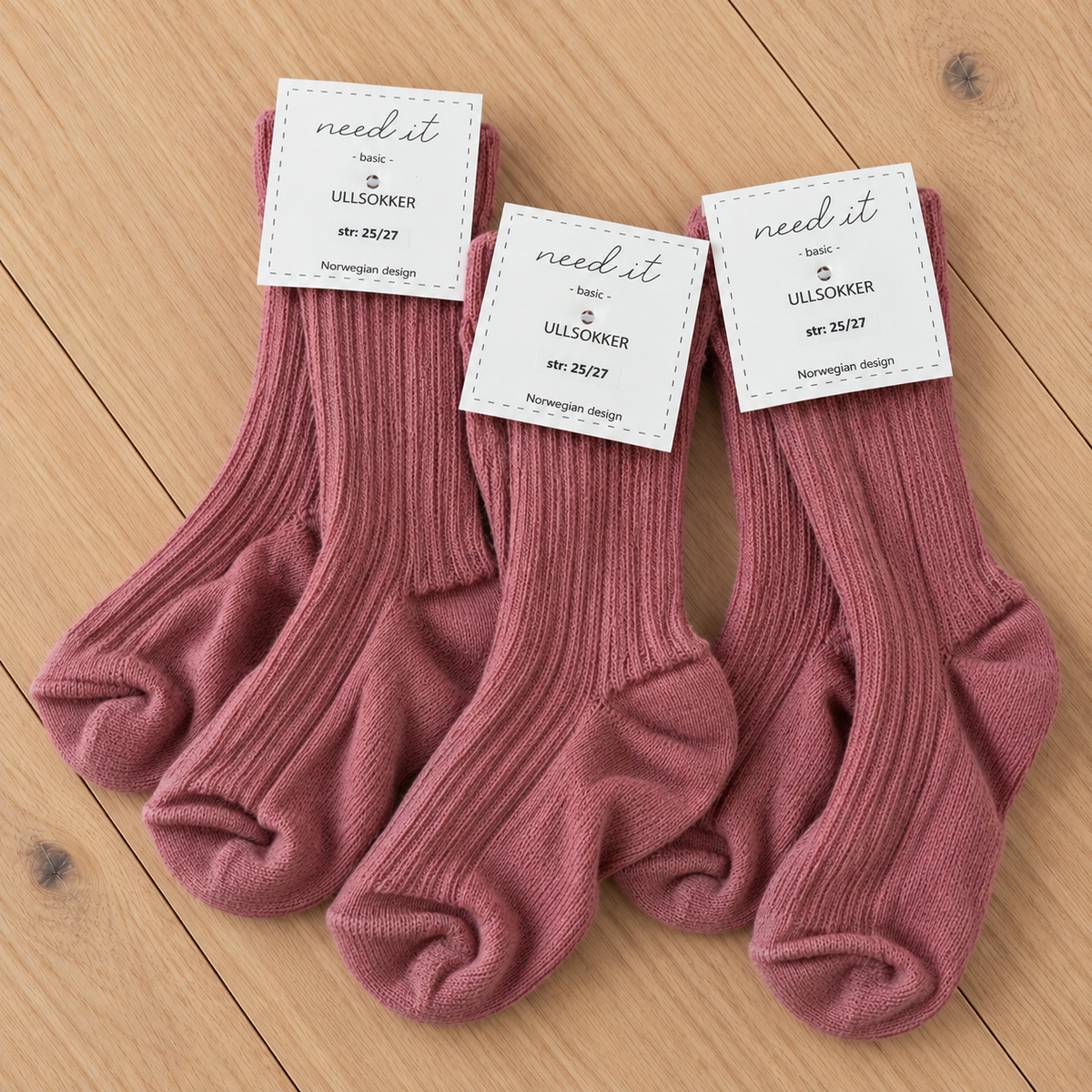 Need it 3pk ullsokker i merinoull Fin rosa
