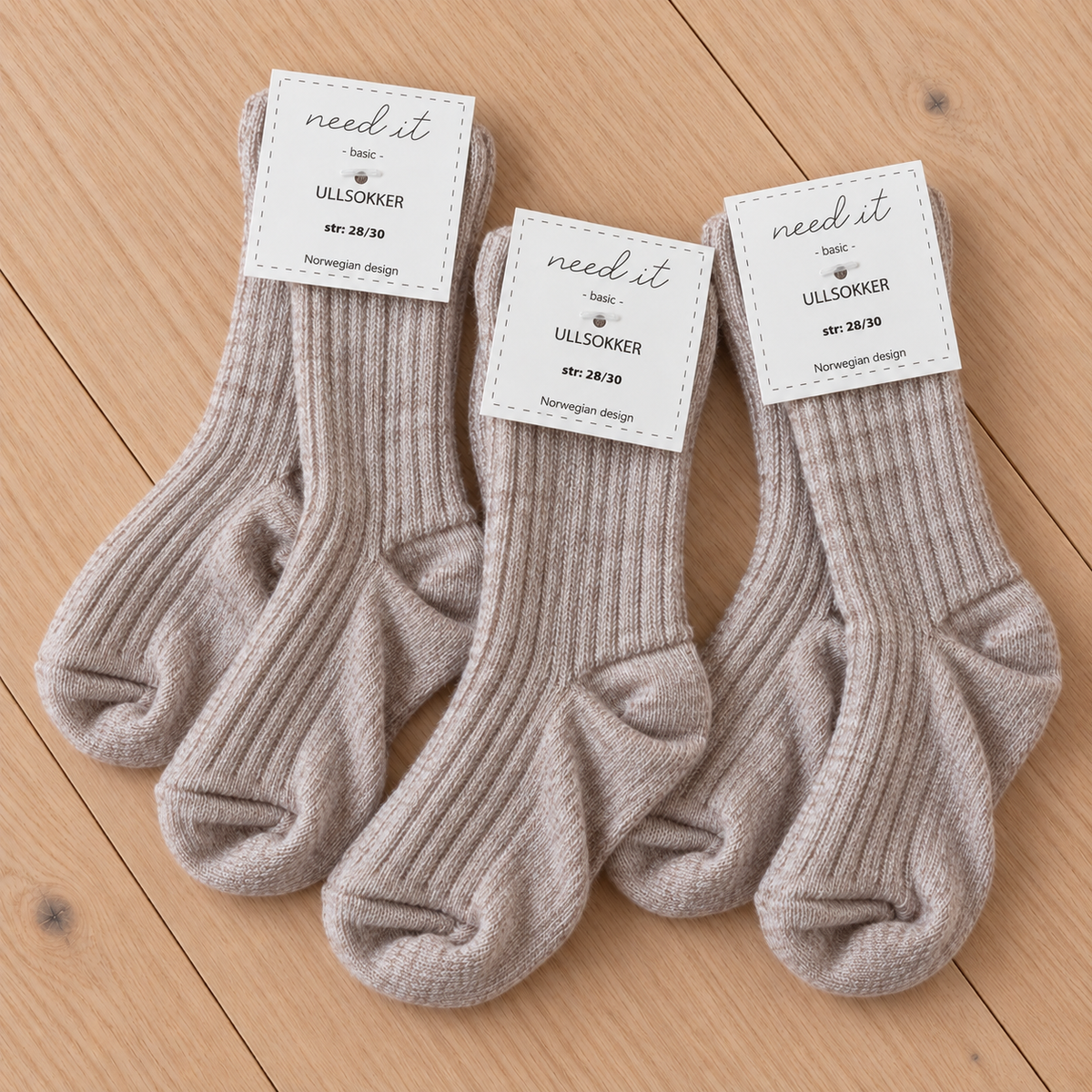 Need it 3pk ullsokker i merinoull Sand