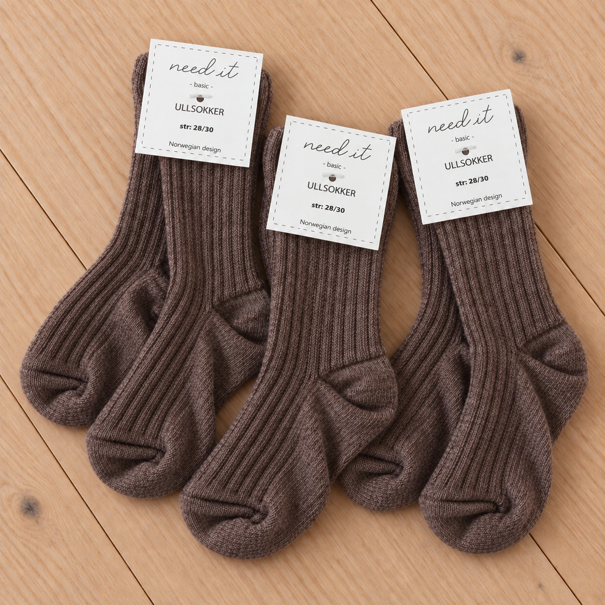 Need it 3pk ullsokker i merinoull Varm brun