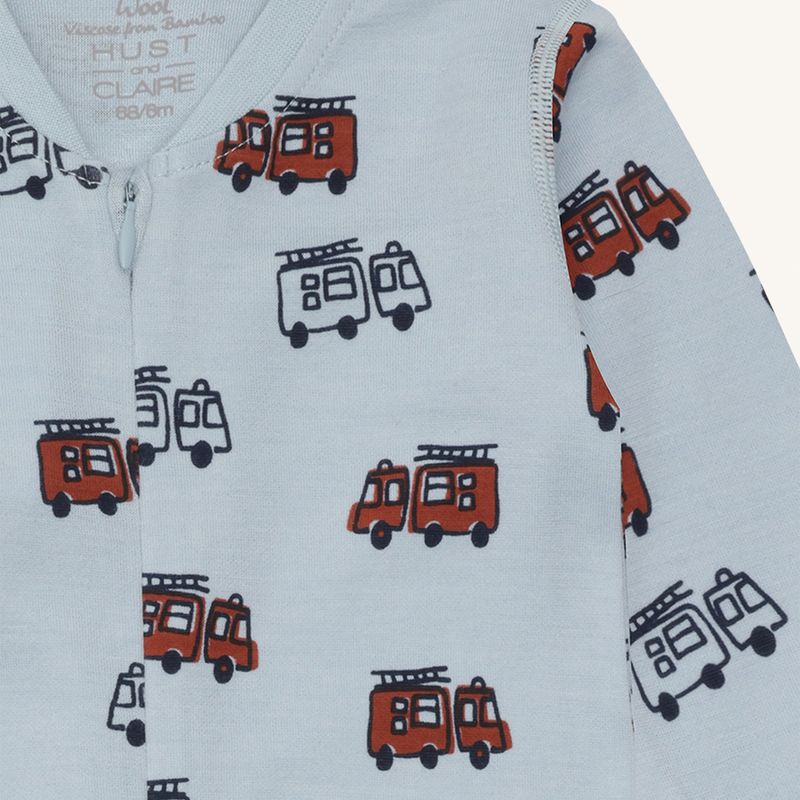 Hust and Claire - Ullpysjamas m. bambus innerst Manu Firetruck Zip Baby Blue